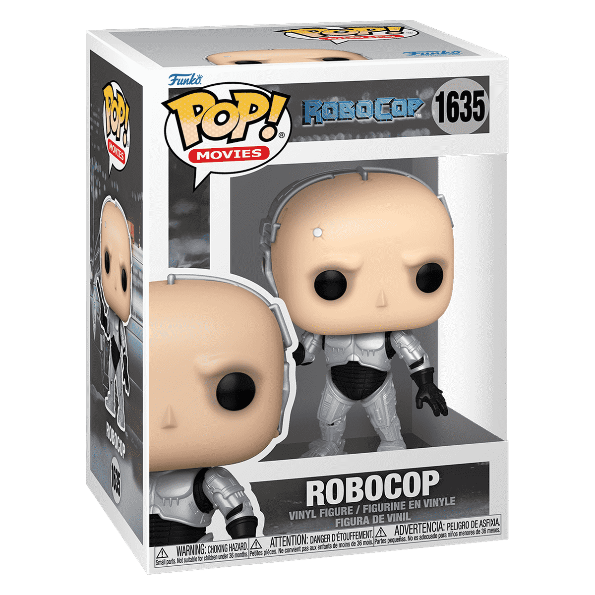Funko Pop RoboCop without Helmet #1635 in its original Pop! Movies box on a white background