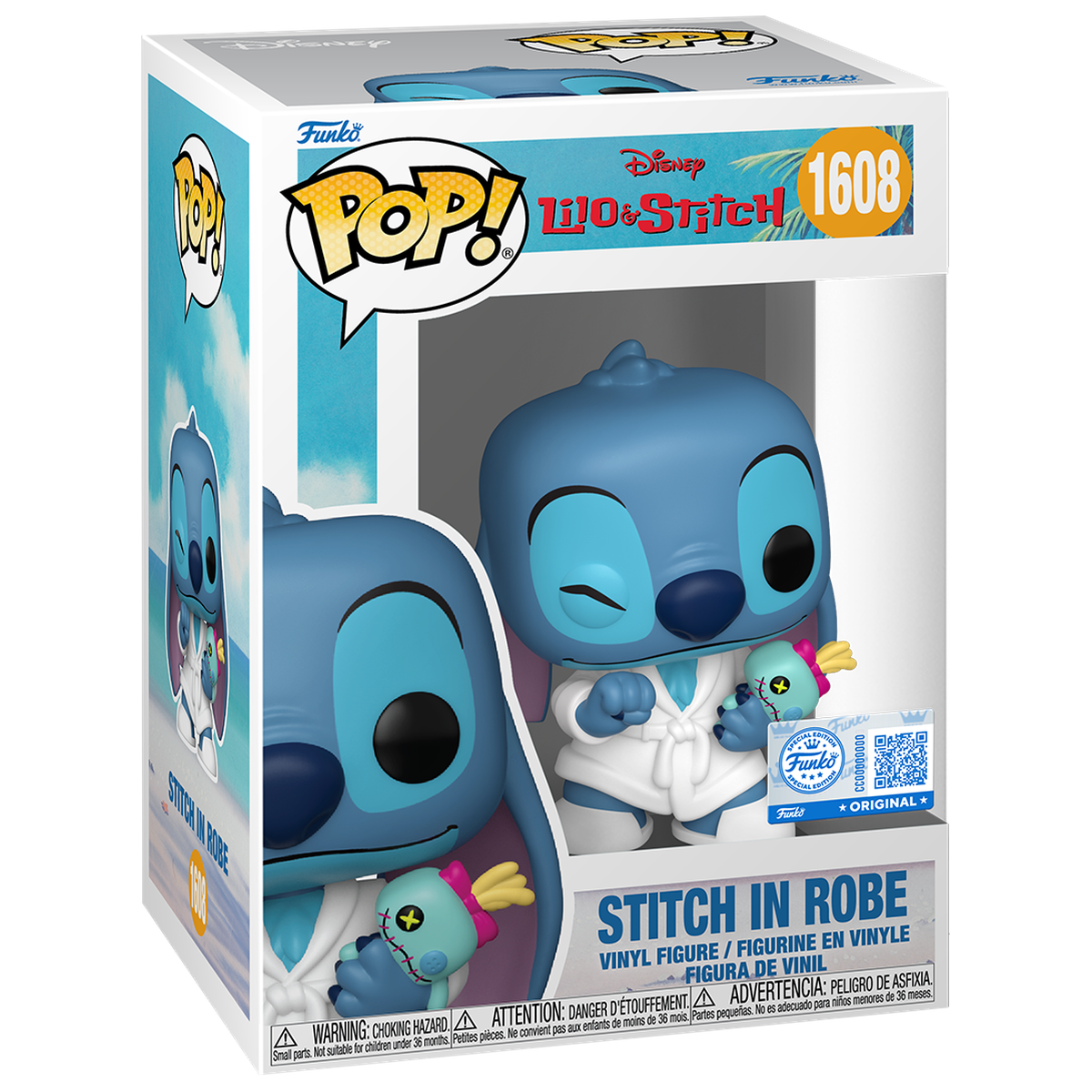 Funko Pop Stitch in Robe #1608 boxed, centred on white with Special Edition authentication sticker