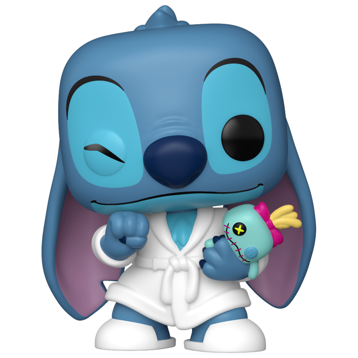 Funko Pop Stitch in Robe #1608, unboxed with white robe and Scrump, centred on white