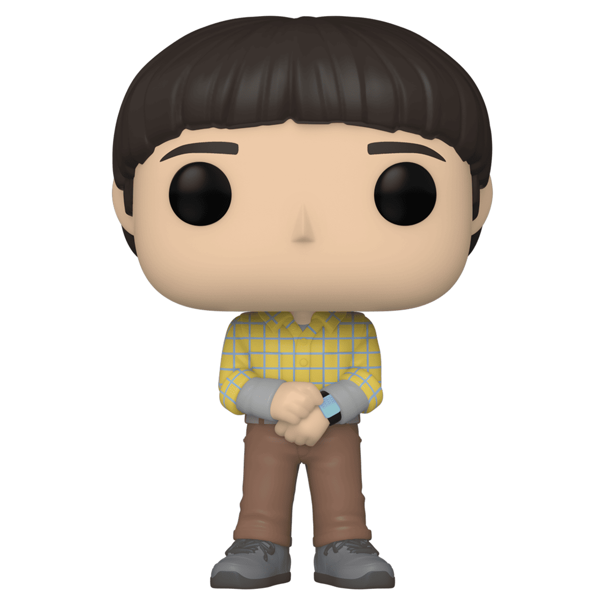 Unboxed Funko Pop Will Byers #1242 from Stranger Things Season 4 wearing a yellow checked shirt with clasped hands