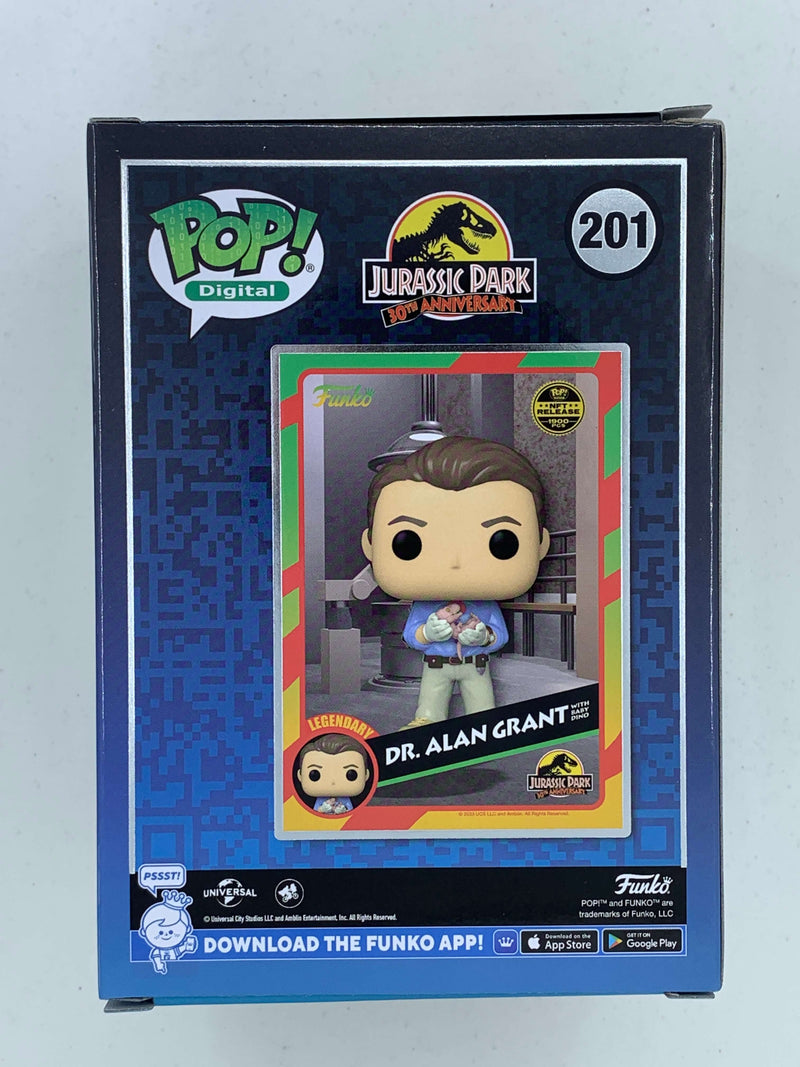 Dr. Alan Grant Baby Dino Jurassic Park Digital Funko Pop! 201 LE 1900 Pieces, a limited edition NFT Digital collectible action figure from the popular Jurassic Park franchise.