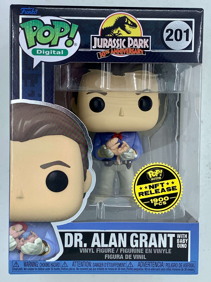 Collectible Jurassic Park NFT Digital Funko Pop! figure of Dr. Alan Grant holding a baby Dino, limited edition with 1900 pieces.