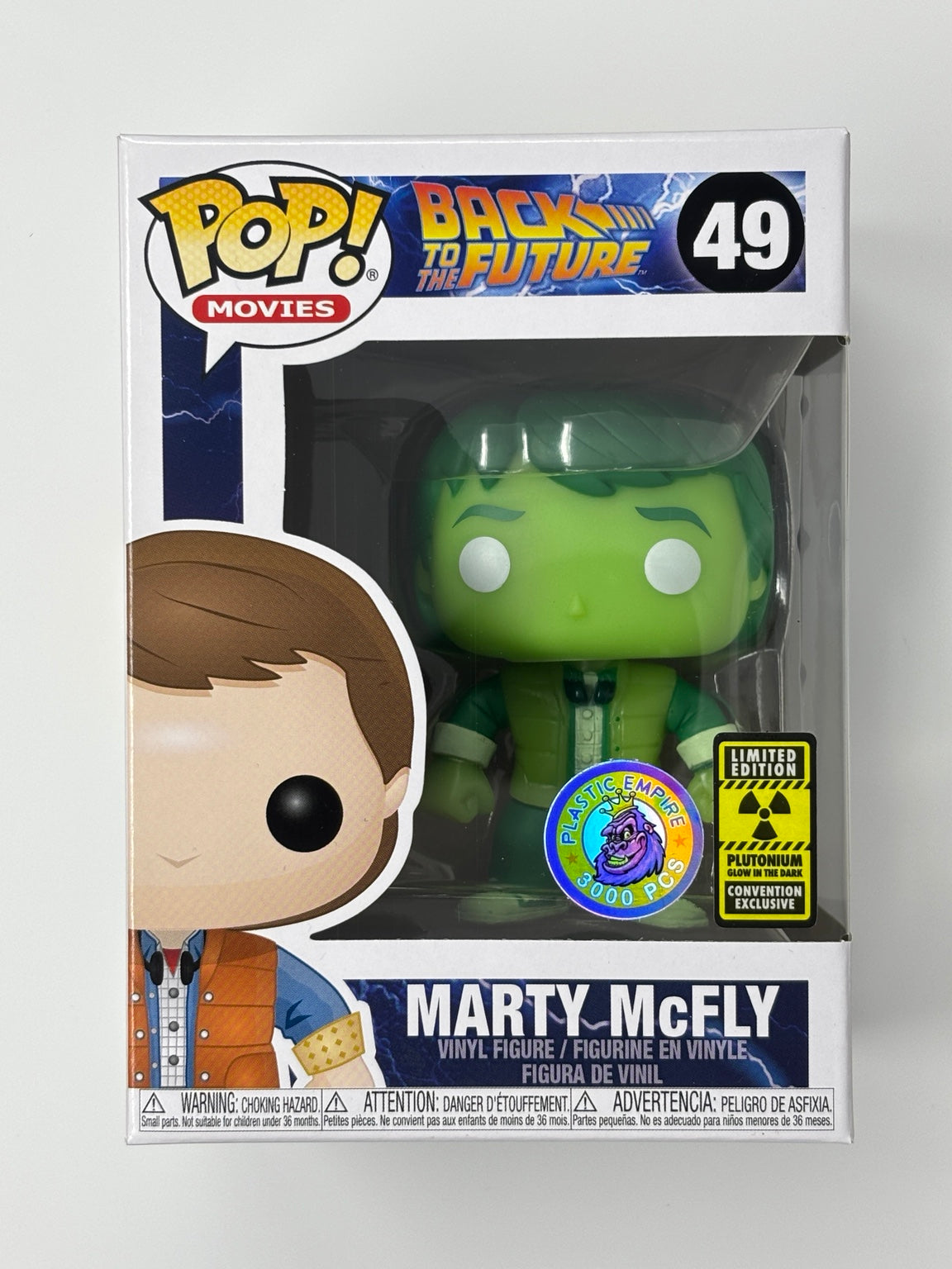 Marty McFly Plutonium Glow #49 actual item front and exclusive stickers
