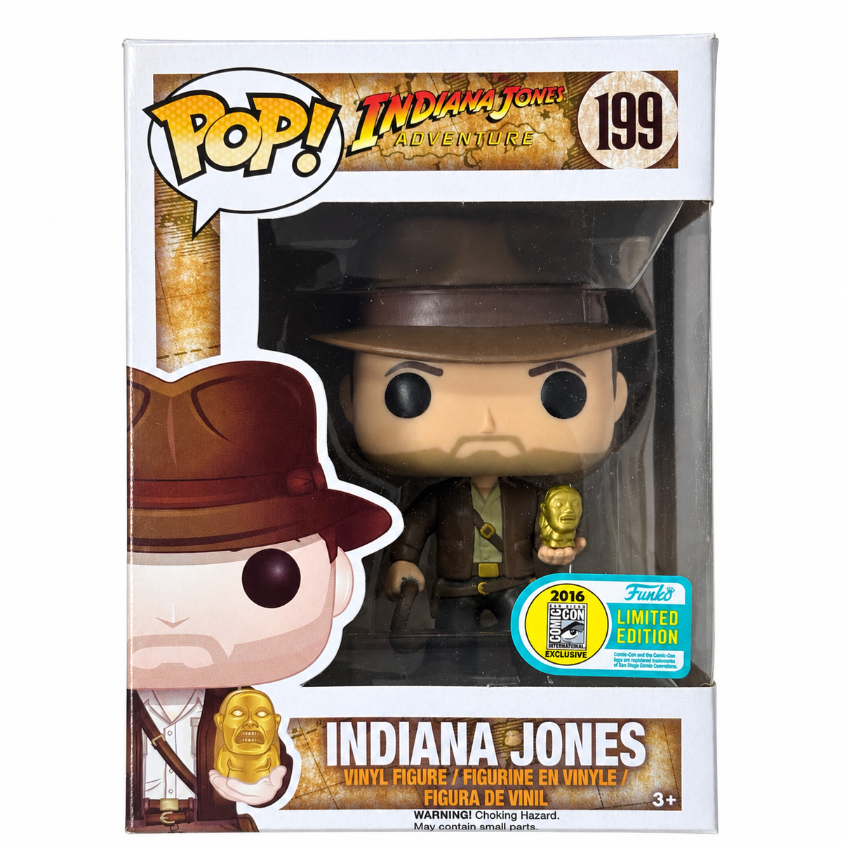 Funko Pop Indiana Jones (with Idol) #199 – Indiana Jones w/ Official Funko Hard Stack - own front photograph on white background