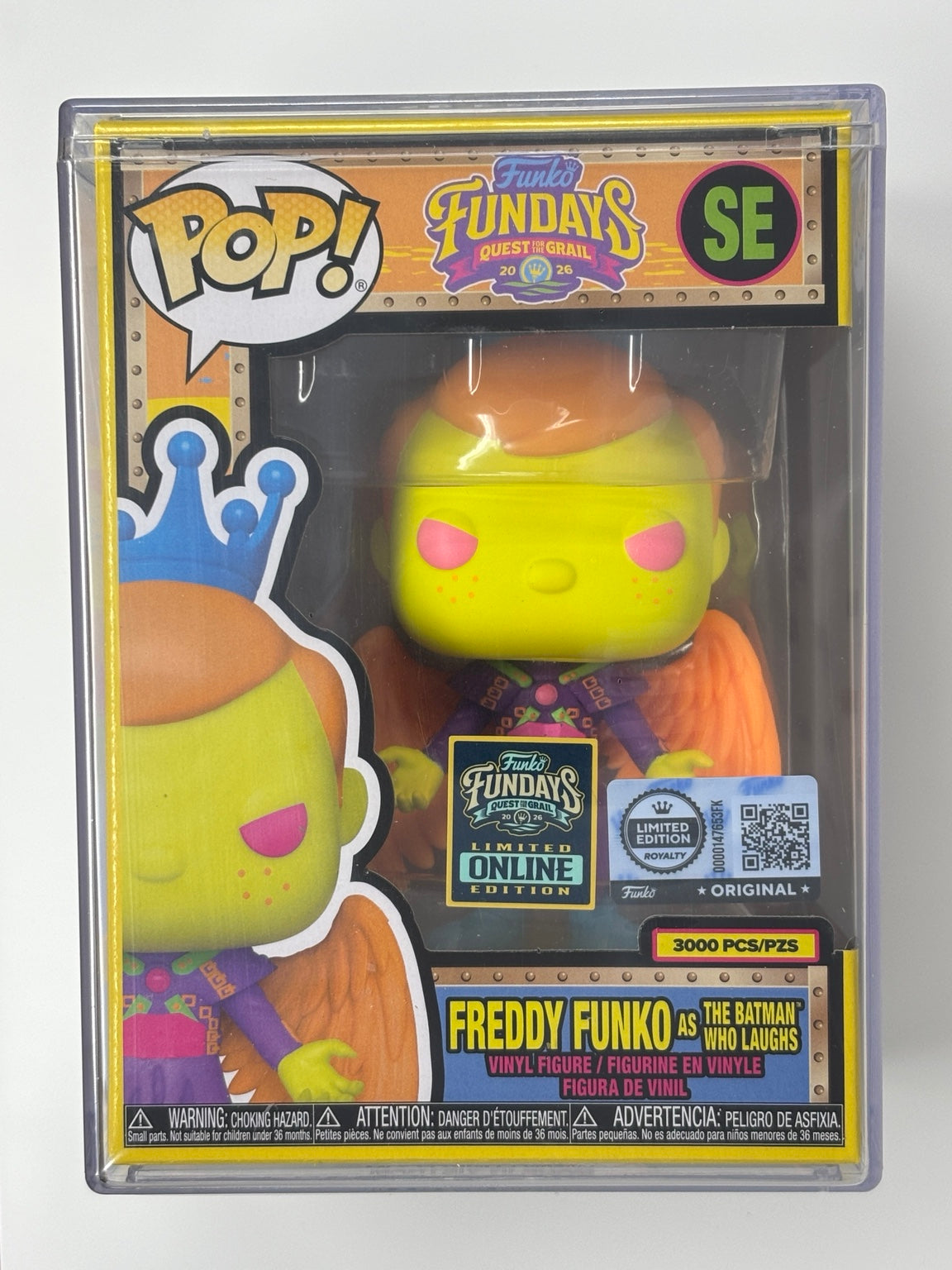 Freddy Funko as The Batman Who Laughs Blacklight SE – front of boxed figure