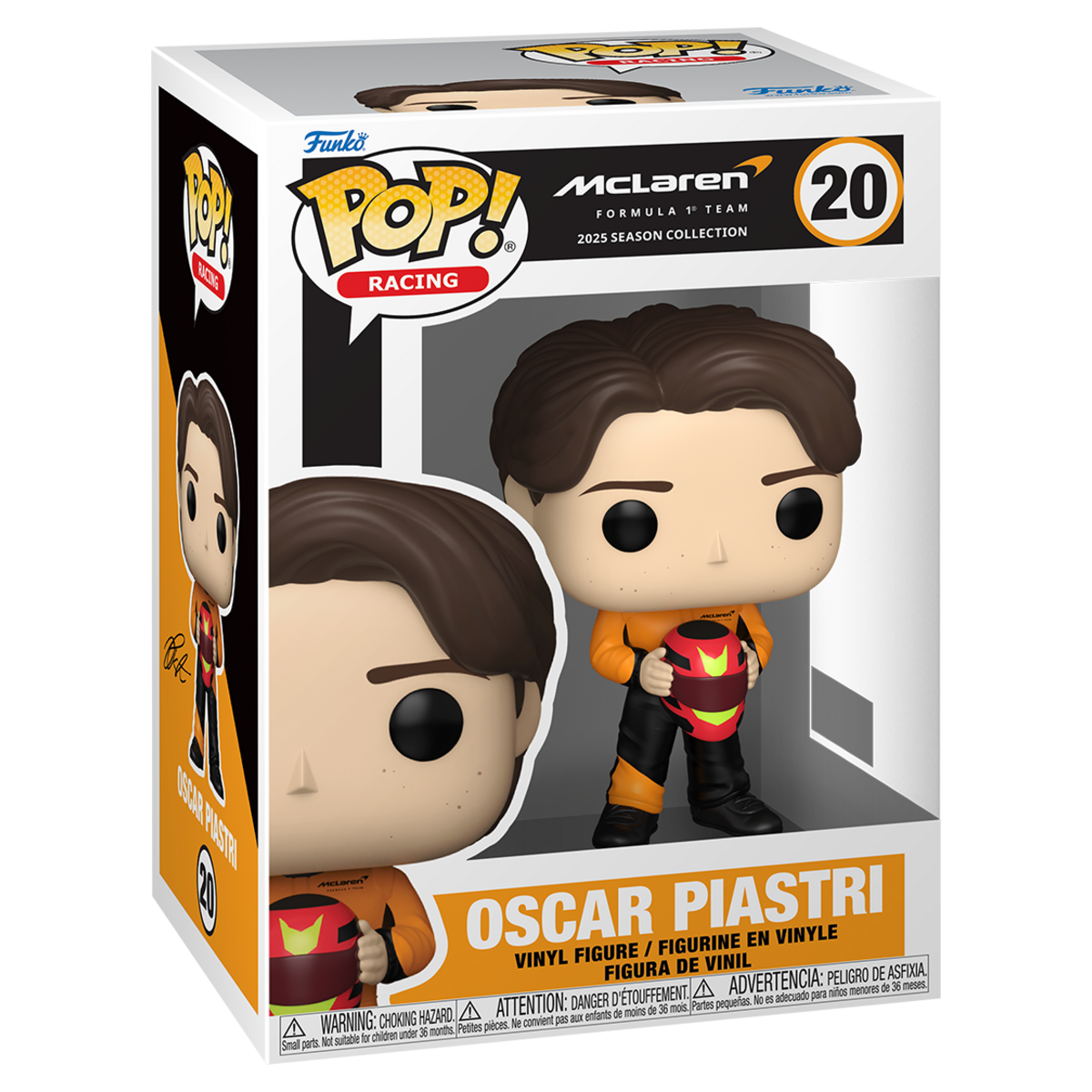 Funko Pop Oscar Piastri #20 McLaren boxed standard edition on white