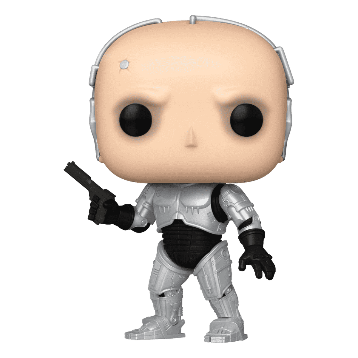 Funko Pop RoboCop without Helmet #1635 unboxed vinyl figure with silver armour and pistol on a white background