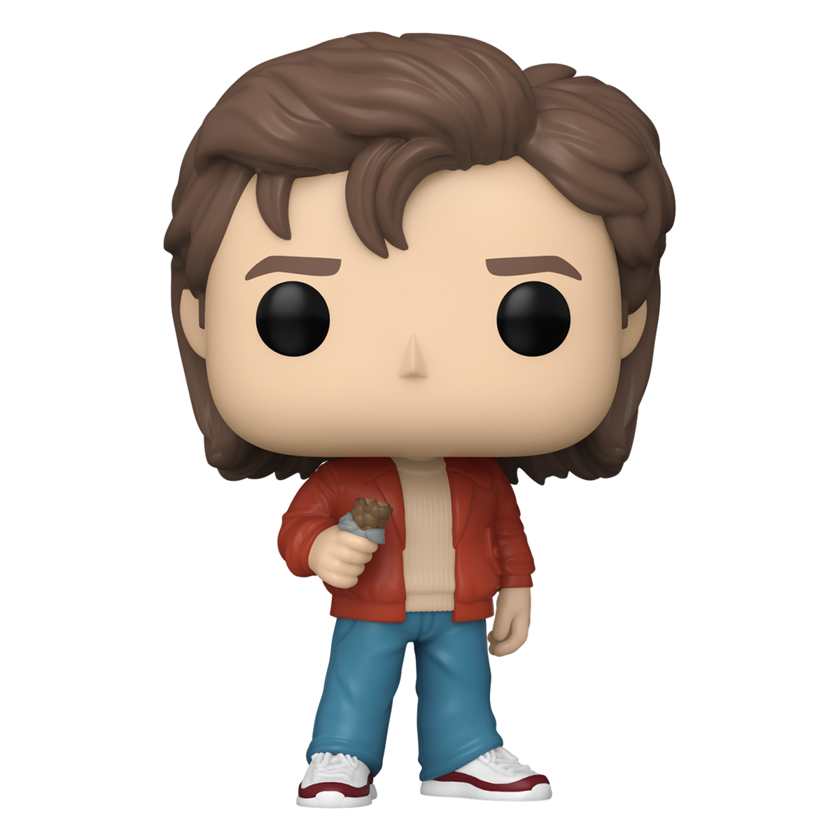 Funko Pop Steve Harrington #1779 from Stranger Things Season 5, unboxed figure in red jacket holding a chocolate bar