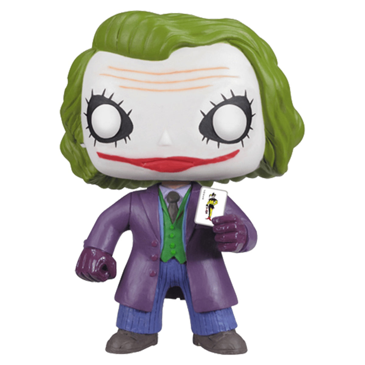 Unboxed Funko Pop The Joker #36 from The Dark Knight, purple coat and Joker card, on white