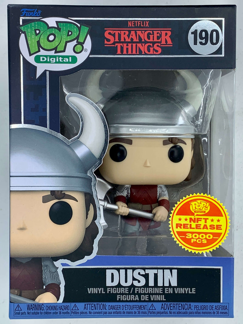 Stylized Dustin figurine from Stranger Things Netflix series, with NFT Digital release indicator, in front of gray background