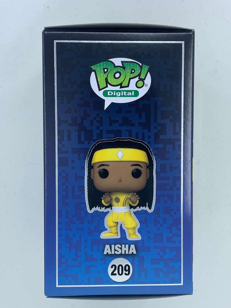 Aisha Yellow Power Rangers Digital Funko Pop! 209 LE 1900 Pieces, a limited-edition NFT digital collectible toy figure in a sleek blue box.