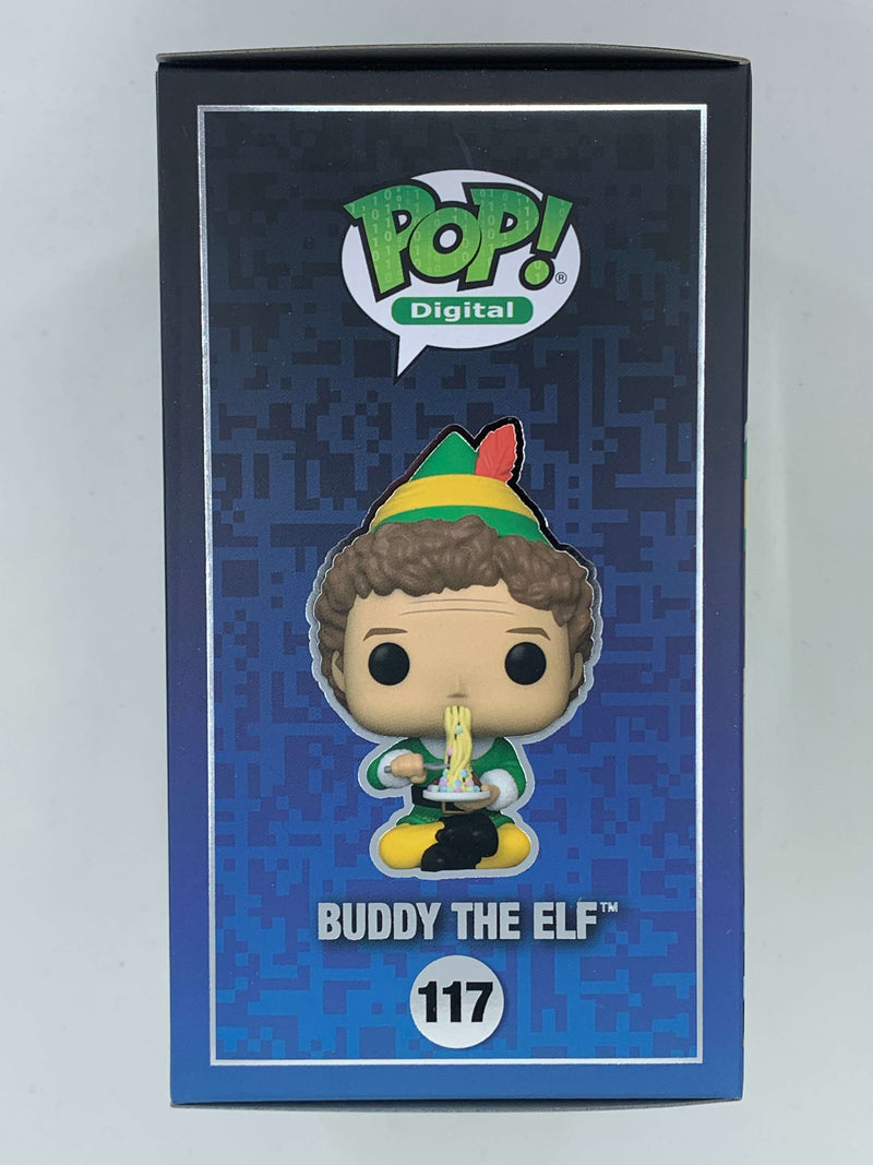 Colorful digital NFT Funko Pop figure of Buddy the Elf from the popular movie, standing on a stylized background.
