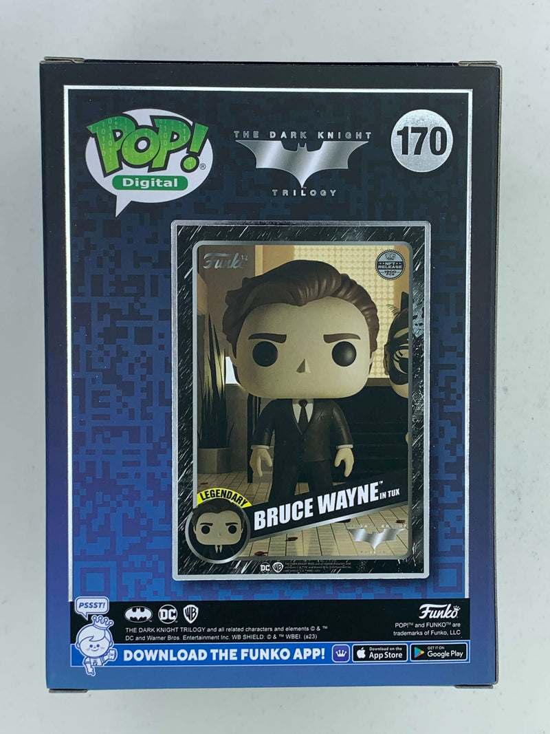 Exclusive Bruce Wayne digital Funko Pop! figure from the Dark Knight trilogy, limited edition with only 1900 pieces, featuring the iconic character in a stylized design.