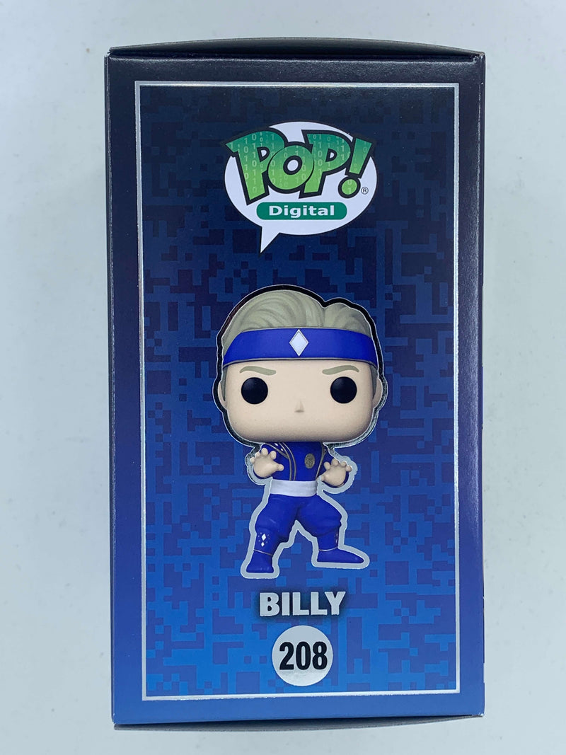 Vibrant digital figurine of Billy, the Blue Power Ranger in a collectible display box. Features the Pop! Digital logo, product number 208, and a limited edition of 1900 pieces.