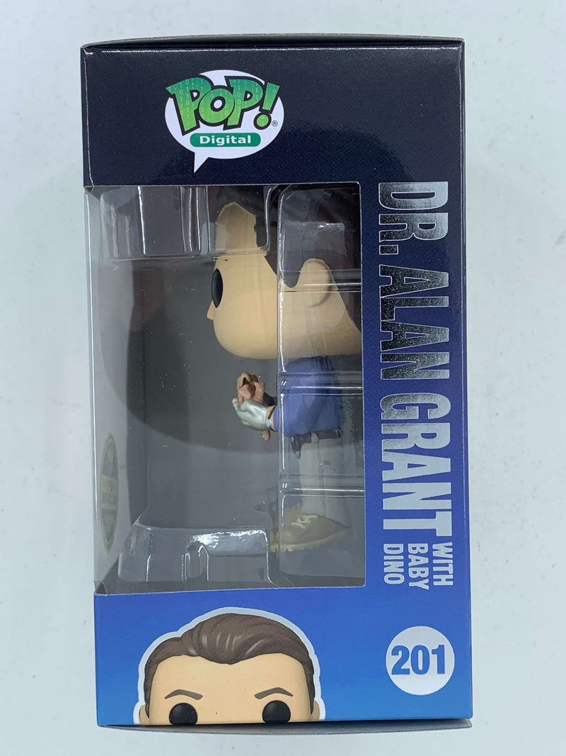 Detailed Funko Pop! figure of Dr. Alan Grant from Jurassic Park with a Baby Dino, a limited edition collectible NFT Digital item.