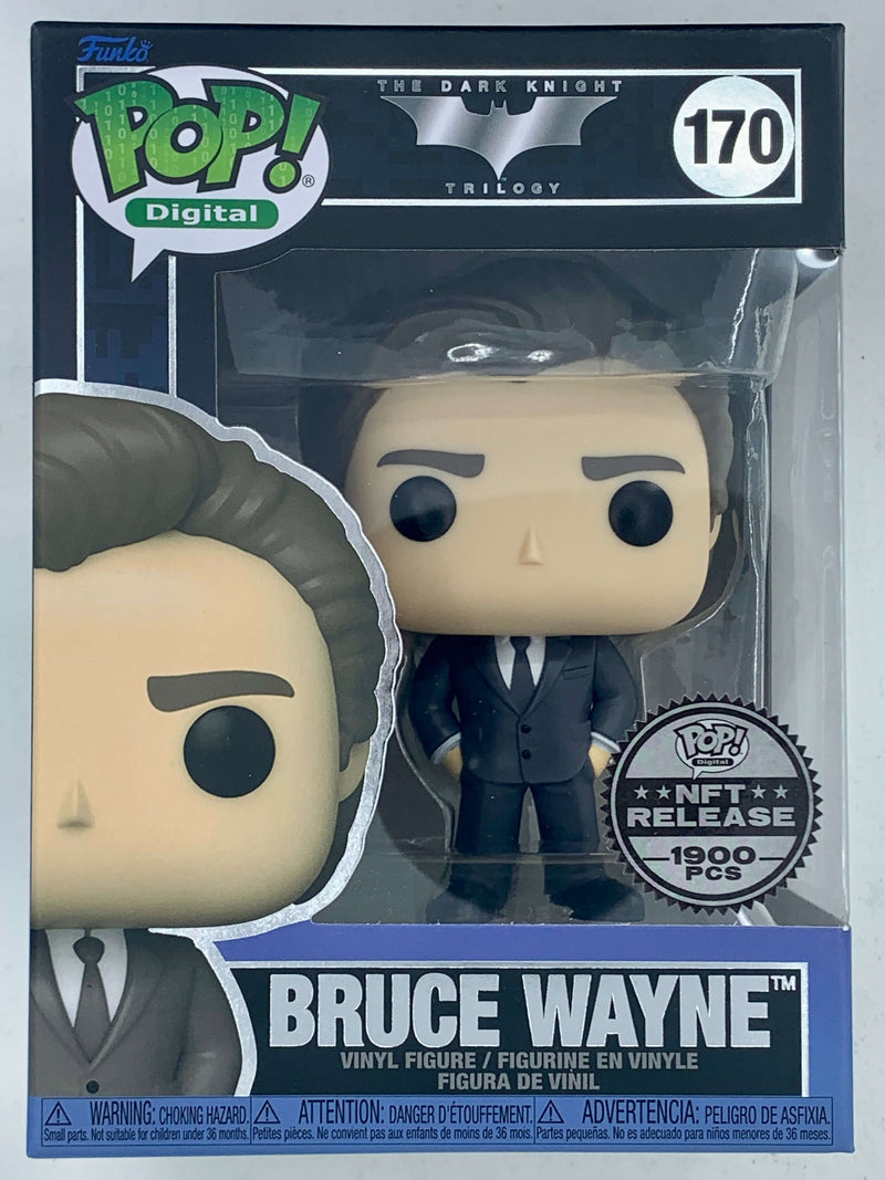 Elegant Bruce Wayne NFT Digital Funko Pop! Collectible figure. Limited edition of 1900 pieces, featuring the iconic character from The Dark Knight trilogy.