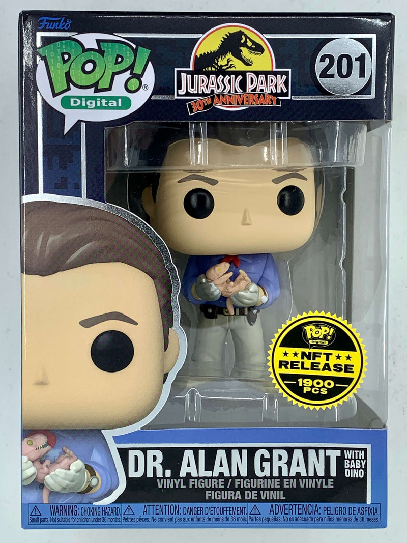 Collectible action figure of Dr. Alan Grant holding a baby dinosaur from the Jurassic Park franchise, with "NFT Digital" label, in a boxed display case.