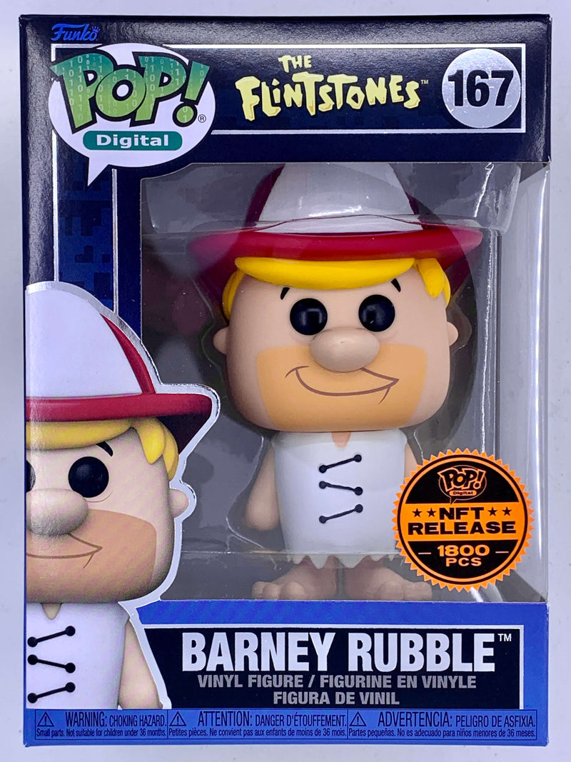 Vintage-style Barney Rubble Funko Pop! figure from the classic Flintstones cartoon, with limited edition NFT Digital release branding.