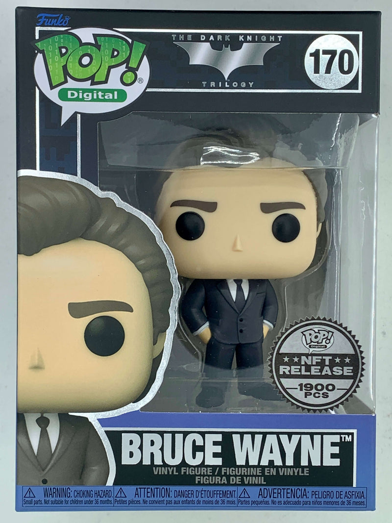 Funko Pop! NFT Digital Bruce Wayne The Dark Knight figure, limited edition of 1900 pieces, showcase the character in a formal suit against a dark background.