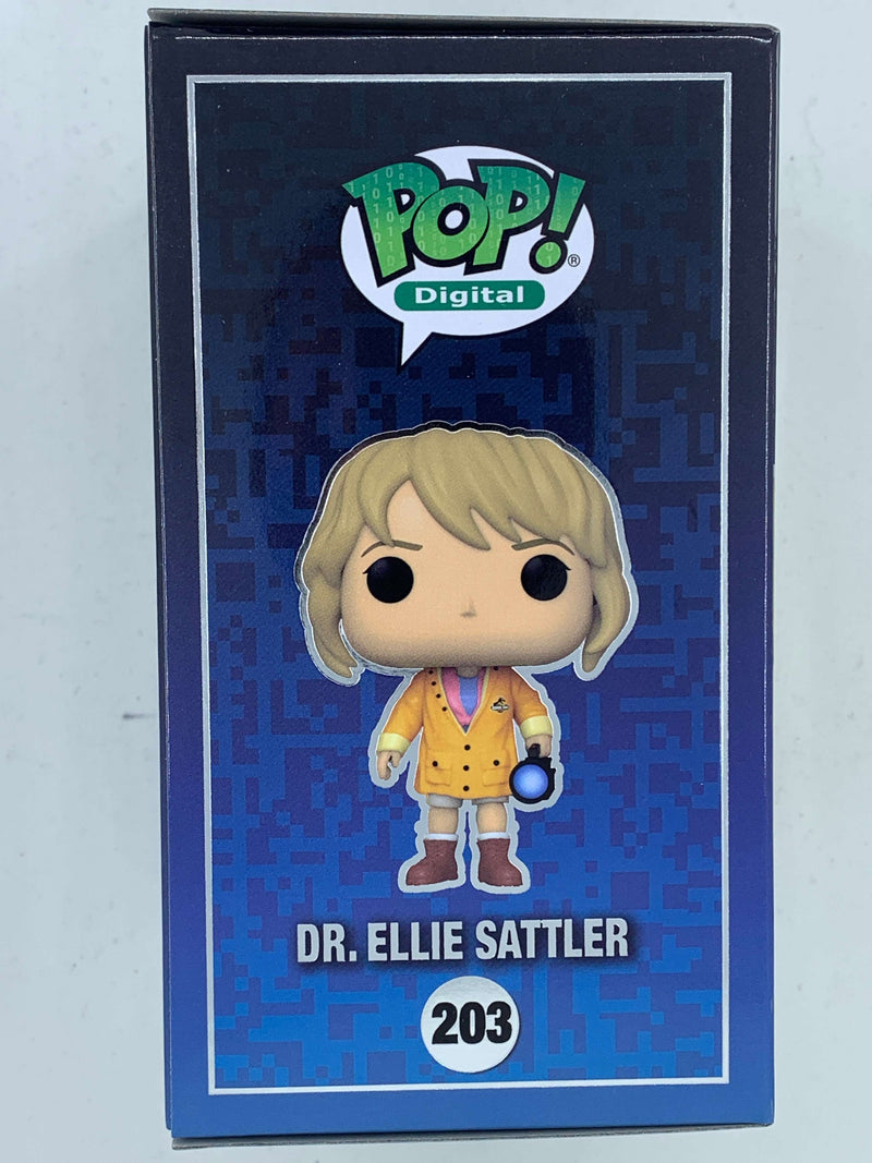 Collectible Jurassic Park Dr. Ellie Sattler NFT Digital Funko Pop! figurine, limited edition with 1900 pieces, displayed in a black box against a blue background.