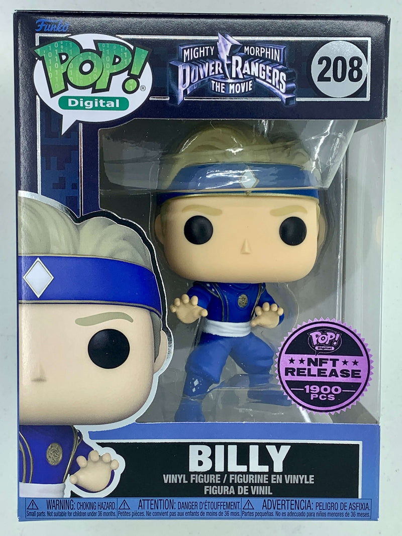 Vibrant digital Funko Pop! figure of Billy, the Blue Power Ranger, in his iconic uniform with limited edition NFT release details.