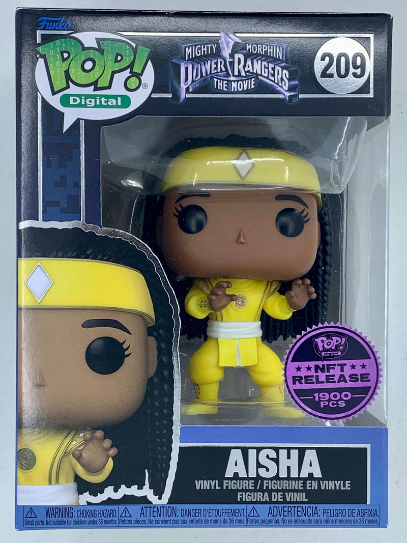 Collectible NFT digital Funko Pop! figure of Aisha, the Yellow Power Ranger, from the popular TV series Mighty Morphin Power Rangers.