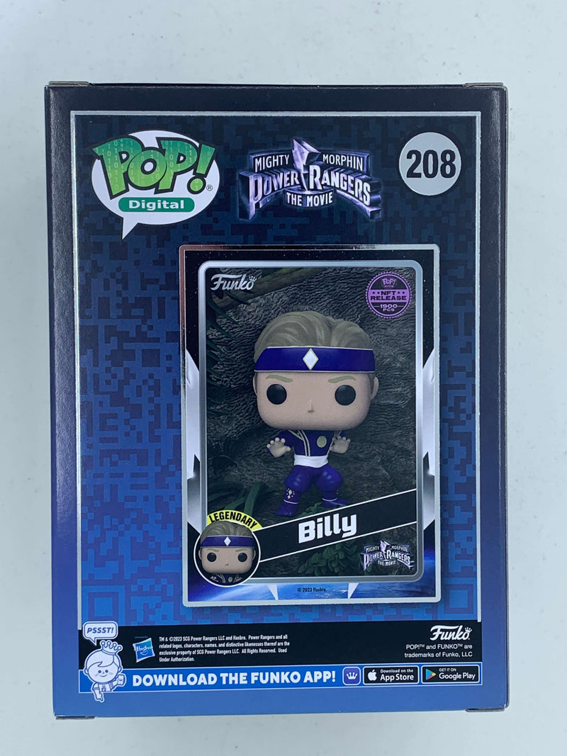 Billy Blue Power Rangers Digital Funko Pop! 208 LE 1900 Pieces - Limited edition NFT digital collectible action figure showcased in a display case.