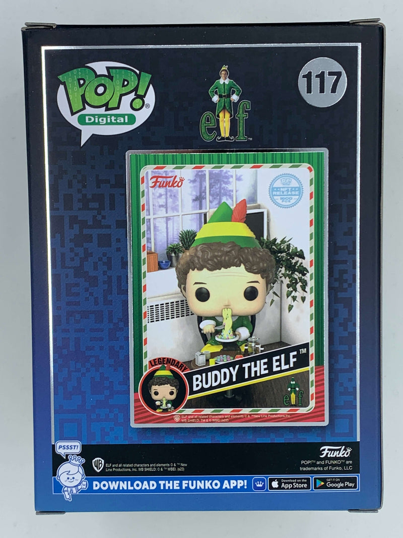 Buddy the Elf NFT Digital Funko Pop! 117 Limited Edition 1600 Pieces. A collectible digital figurine showcased in front of the iconic Funko Pop! packaging.