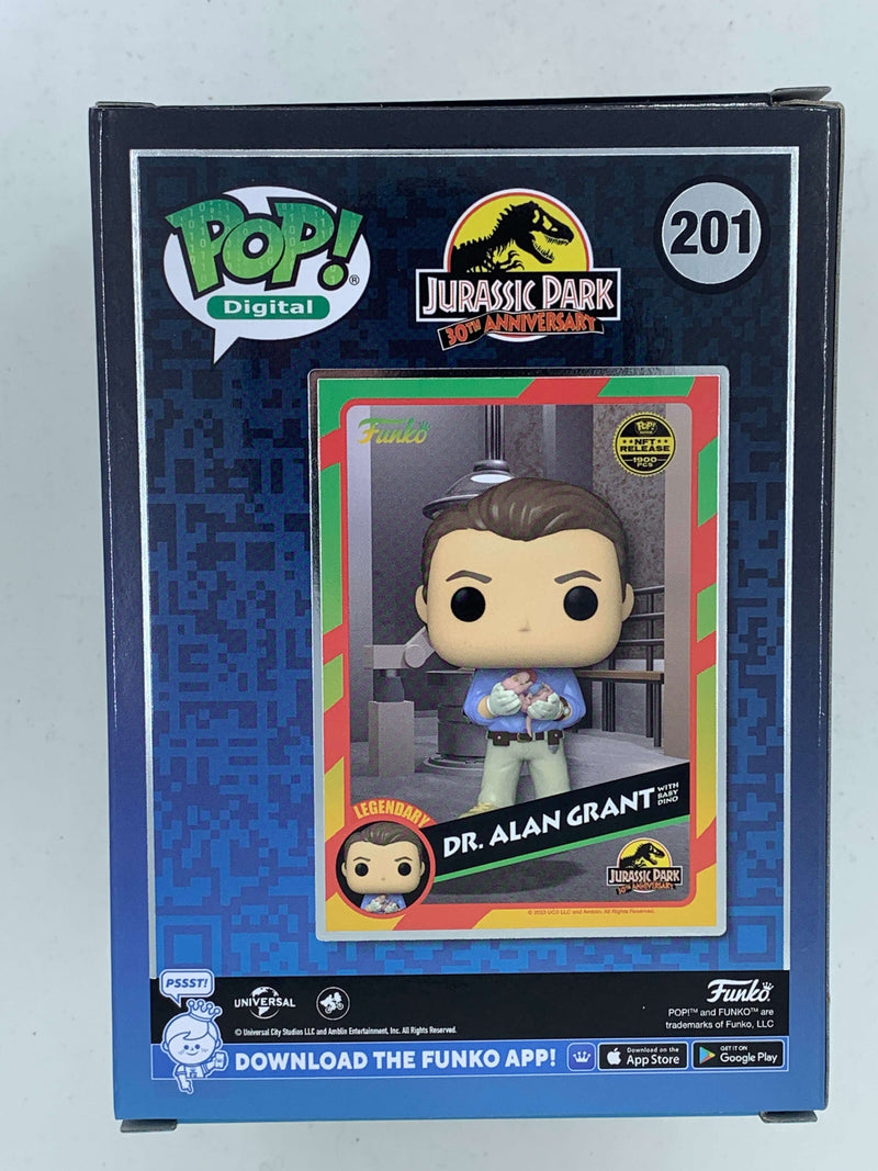 Dr Alan Grant Baby Dino Jurassic Park NFT Digital Funko Pop! 201 LE 1900 Pieces, a limited-edition collectible figurine from the Jurassic Park franchise, displayed in a vibrant, branded packaging.