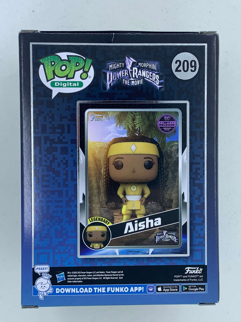 Aisha Yellow Power Rangers NFT Digital Funko Pop! 209 Limited Edition 1900 Pieces - Collectible action figure displayed in a framed case.