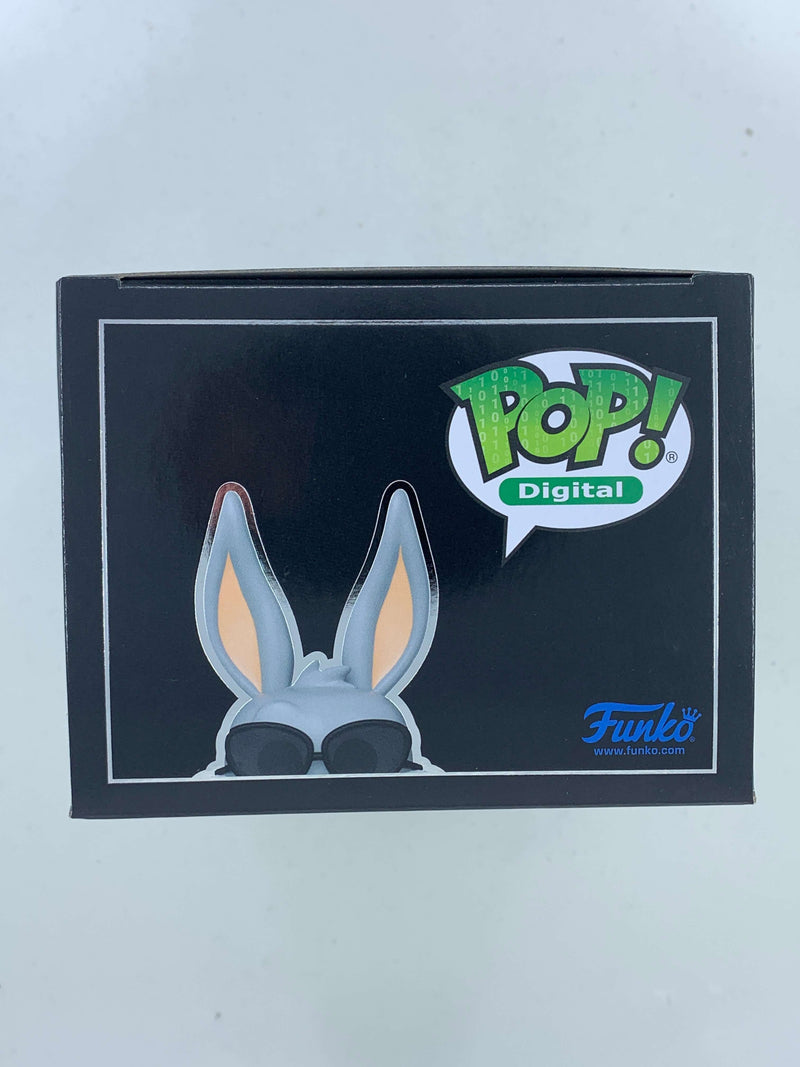 Bugs Bunny as Morpheus Digital Funko Pop! Collectible NFT figurine, featuring iconic Looney Tunes character peeking out from a black framed image.