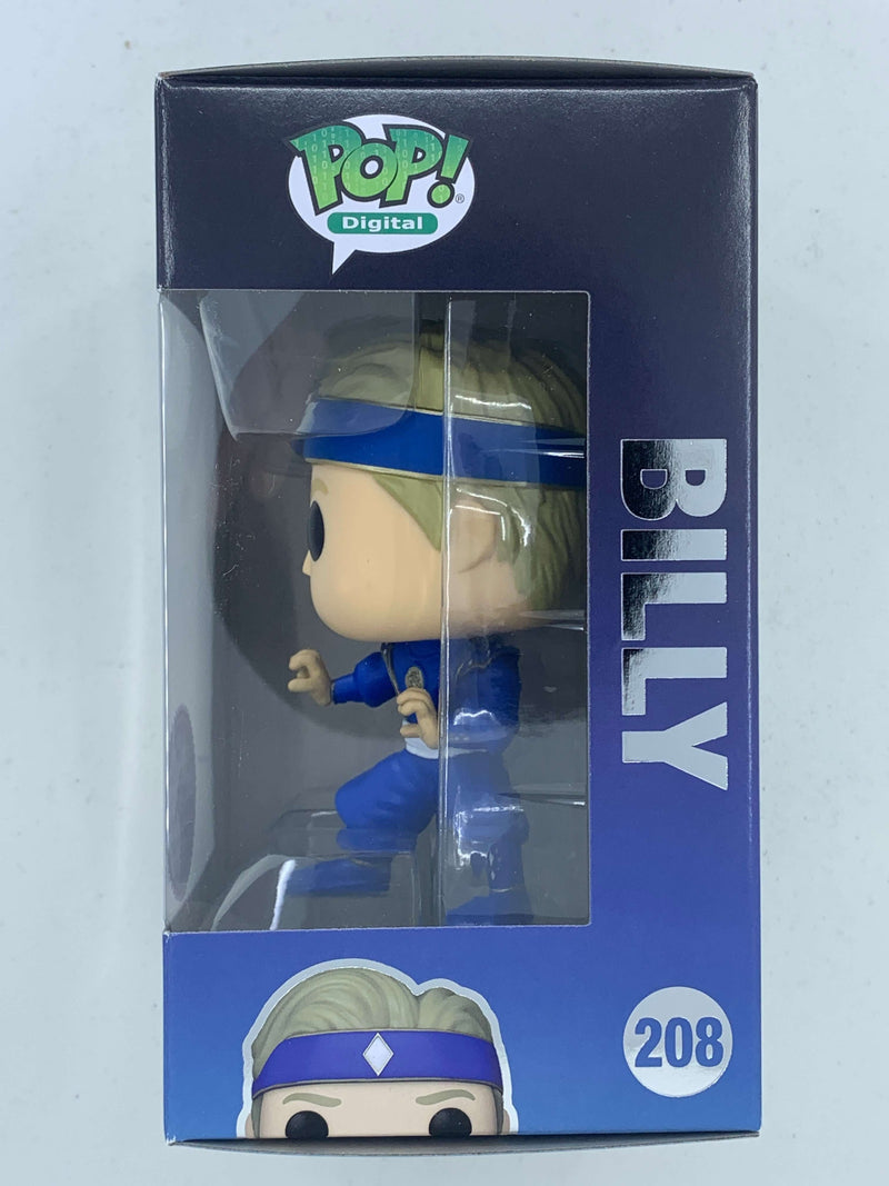 Colorful NFT digital Funko Pop! figure of Billy, the Blue Power Ranger, displayed in a sleek black and blue packaging.