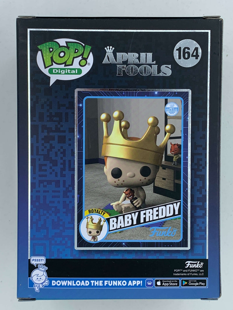 Baby Freddy April Fools Digital Funko Pop! 164 LE 2250 Pieces - Collectible action figure featuring a baby version of the iconic horror character Freddy Krueger, with a crown accessory, in an NFT digital format.