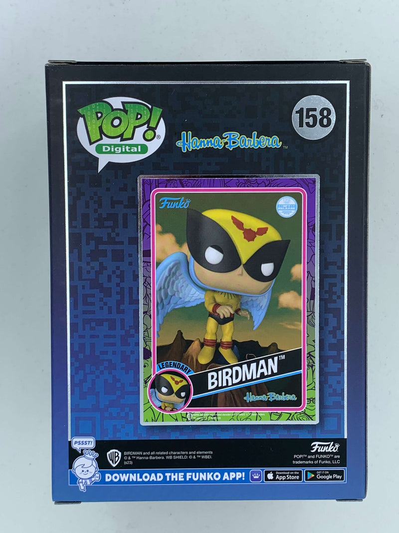 Digitally-rendered Birdman Hanna-Barbera Funko Pop! 158 limited edition figure, featuring the iconic cartoon character in a vibrant and colorful design, available exclusively as an NFT digital collectible.