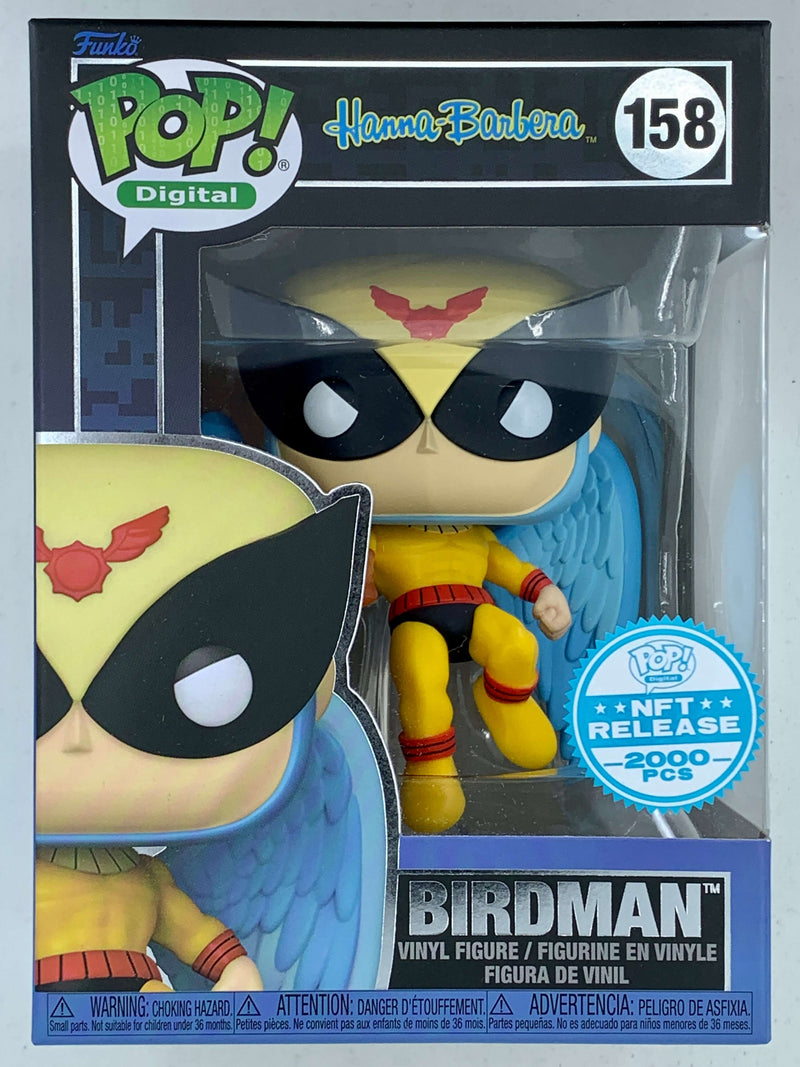 Birdman Hanna-Barbera NFT Digital Funko Pop! 158, Limited Edition 2000 Pieces, in a protective display case, showcasing the iconic Birdman character from the classic cartoon series.