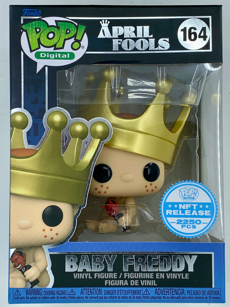 Golden crown-wearing Baby Freddy April Fools NFT Digital Funko Pop! 164 Limited Edition 2250 collectible figurine.