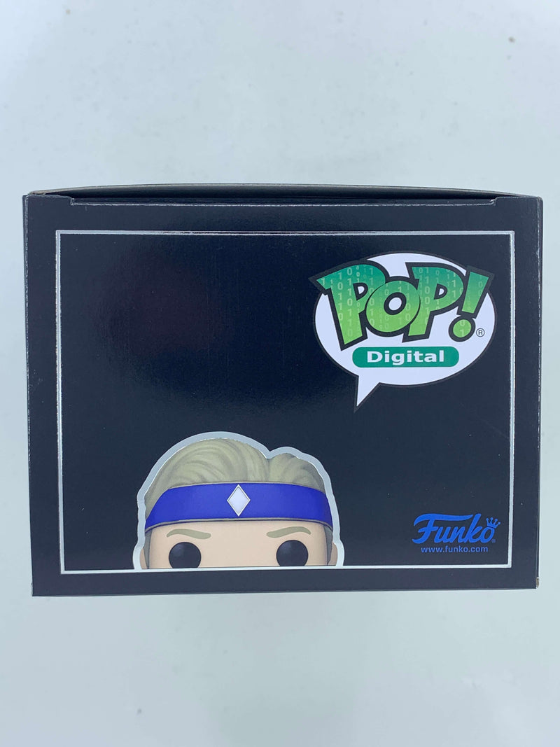 Stylized digital Funko Pop! figurine of the Blue Power Ranger character, adorned with a distinctive visor and blue uniform, against a dark background with the "POP! Digital" logo prominently displayed. This limited edition NFT Digital collectible showcases Funko's creativity and attention to detail.