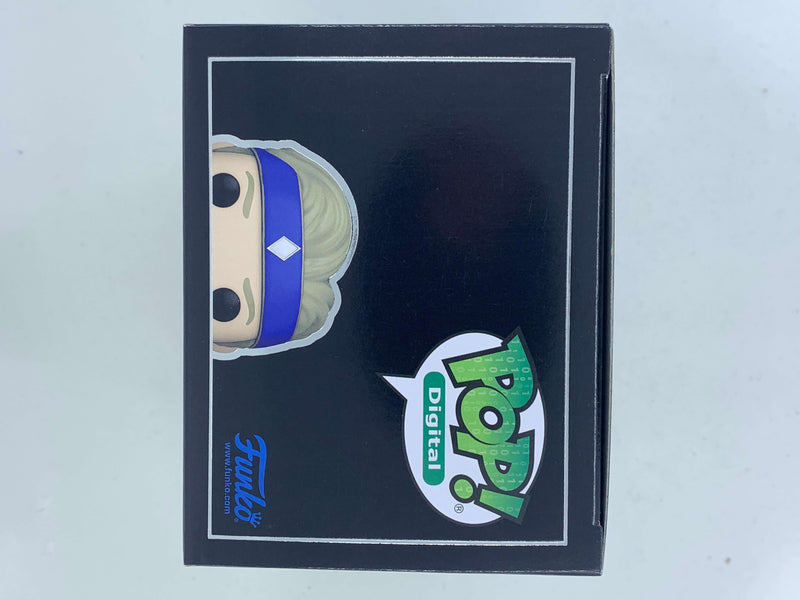 Collectible blue and green Funko Pop! NFT Digital figurines on a dark background, representing the Billy Blue Power Rangers character.