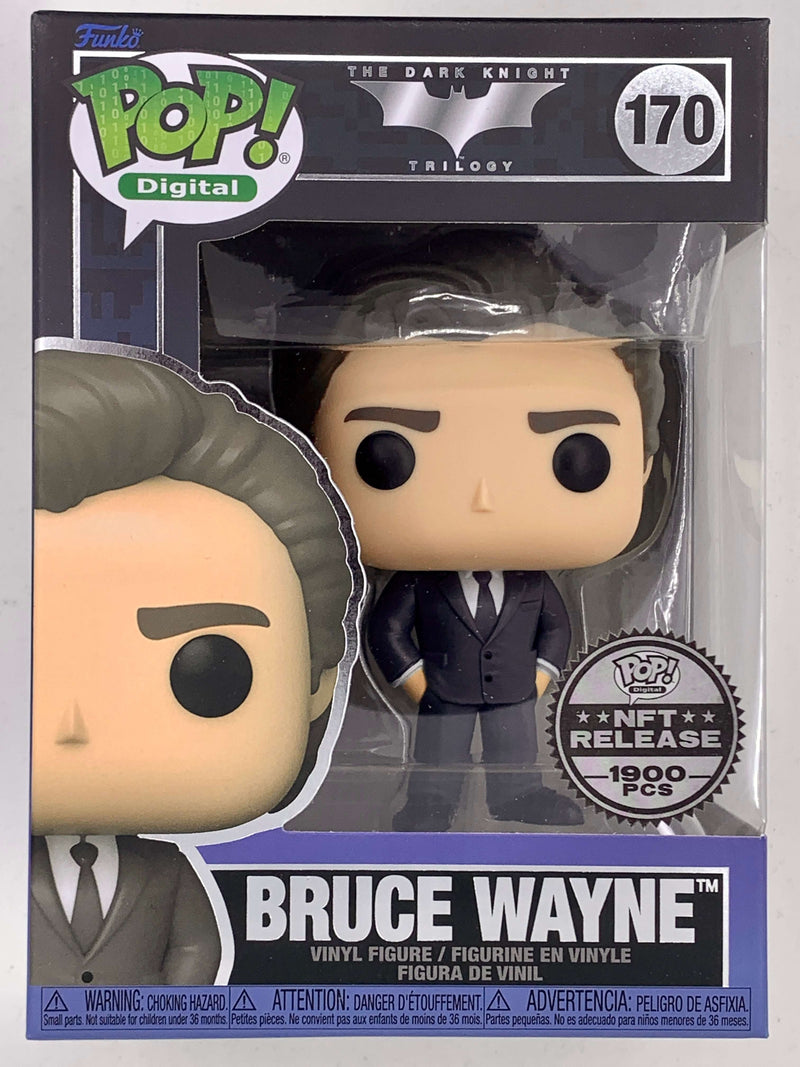 Stylized digital collectible figure of Bruce Wayne in a suit from The Dark Knight trilogy, part of the limited NFT release by Funko Pop!