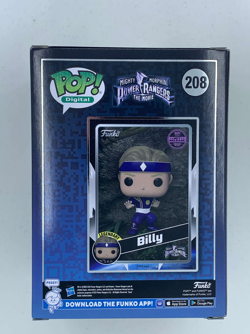 Digital collectible Billy Blue Power Rangers Funko Pop! figure, limited edition 208 of 1900 pieces, displayed in a protective case.