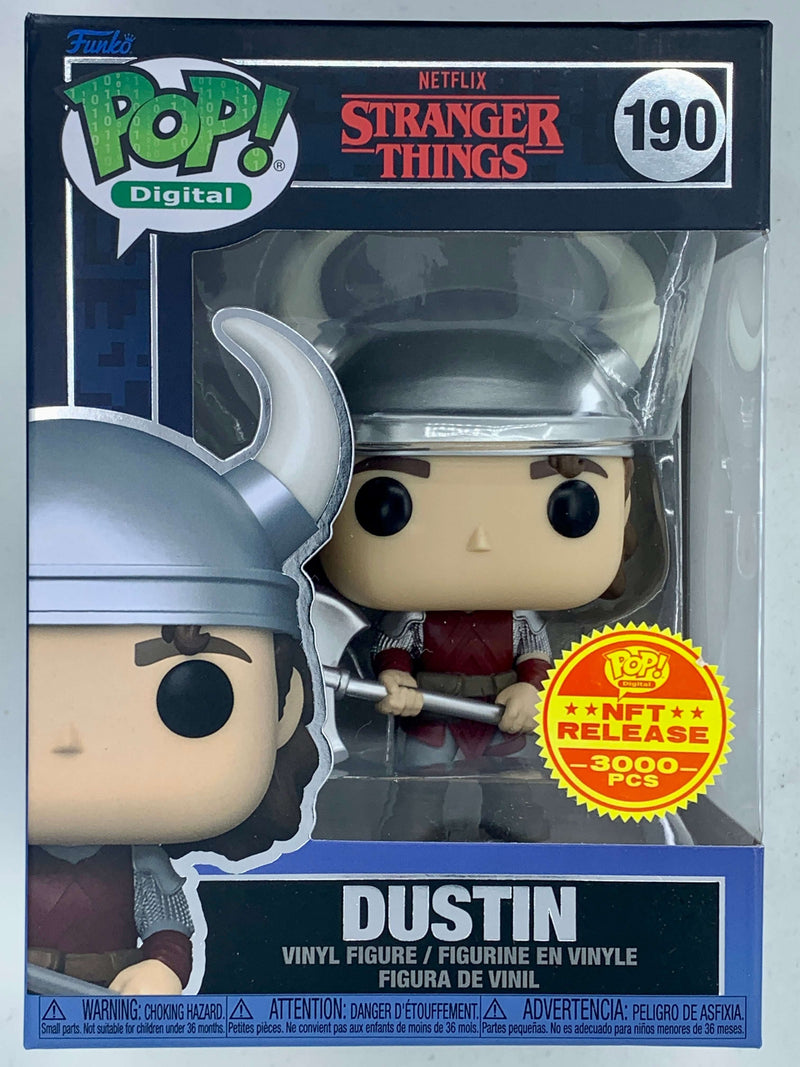 Dustin Stranger Things Digital Funko Pop! 190 LE 3000 Pieces - Collectible vinyl figure of character Dustin from the Netflix series "Stranger Things" showcased in NFT Digital product packaging.