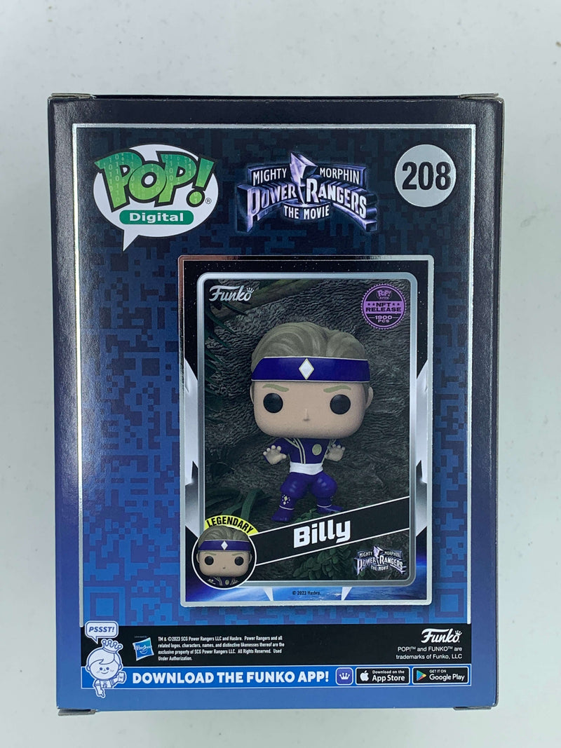 Blue-clad Power Rangers character Billy in a collectible Funko Pop! NFT Digital figure, part of the Mighty Morphin Power Rangers limited-edition series.