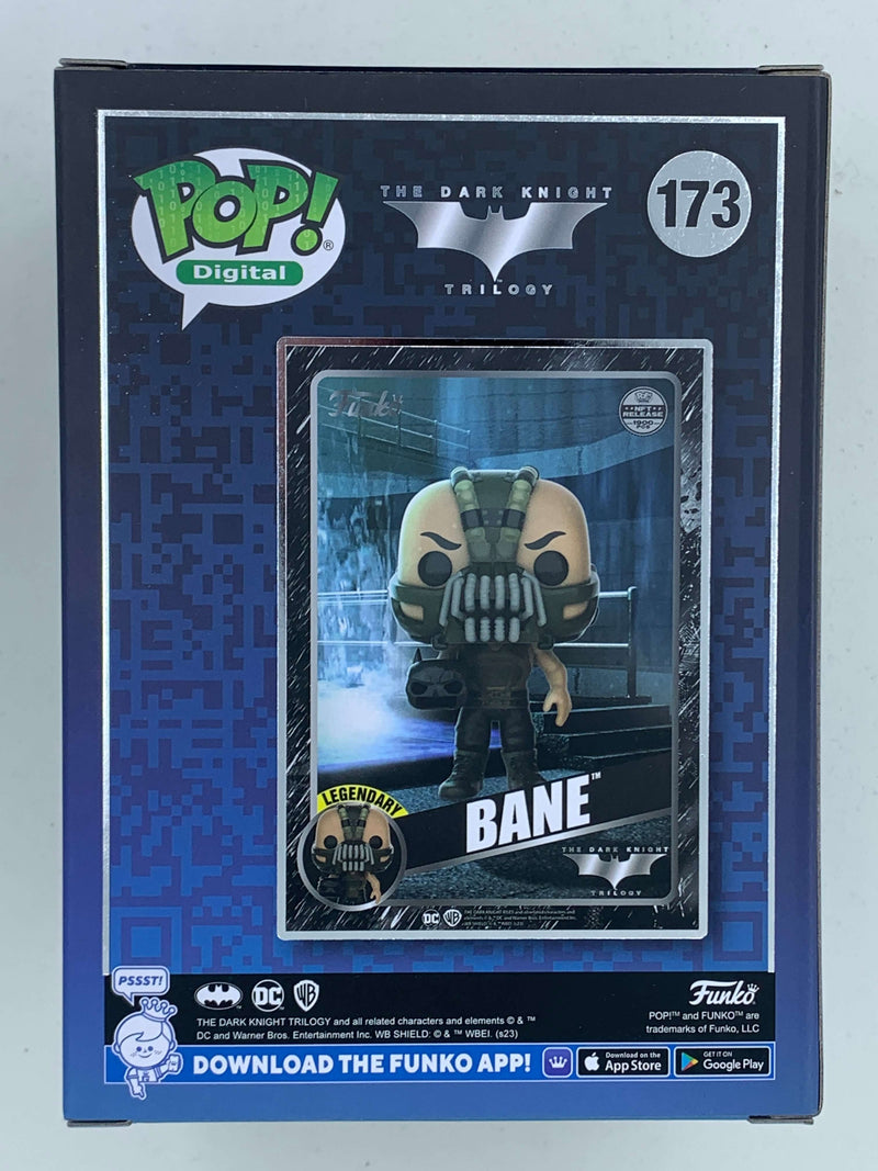 Bane, the iconic villain from The Dark Knight Trilogy, in a limited-edition NFT Digital Funko Pop! figure. The intricately detailed Bane figurine stands prominently against a dark, cyberpunk-inspired backdrop, showcasing this highly collectible and exclusive piece.