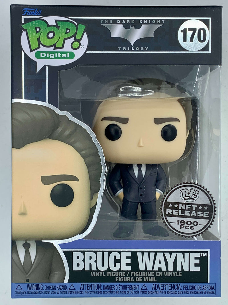 Collectible Funko Pop! NFT Digital figure of Bruce Wayne from the Dark Knight trilogy, limited edition with 1900 pieces, featuring the character in a suit and tie.