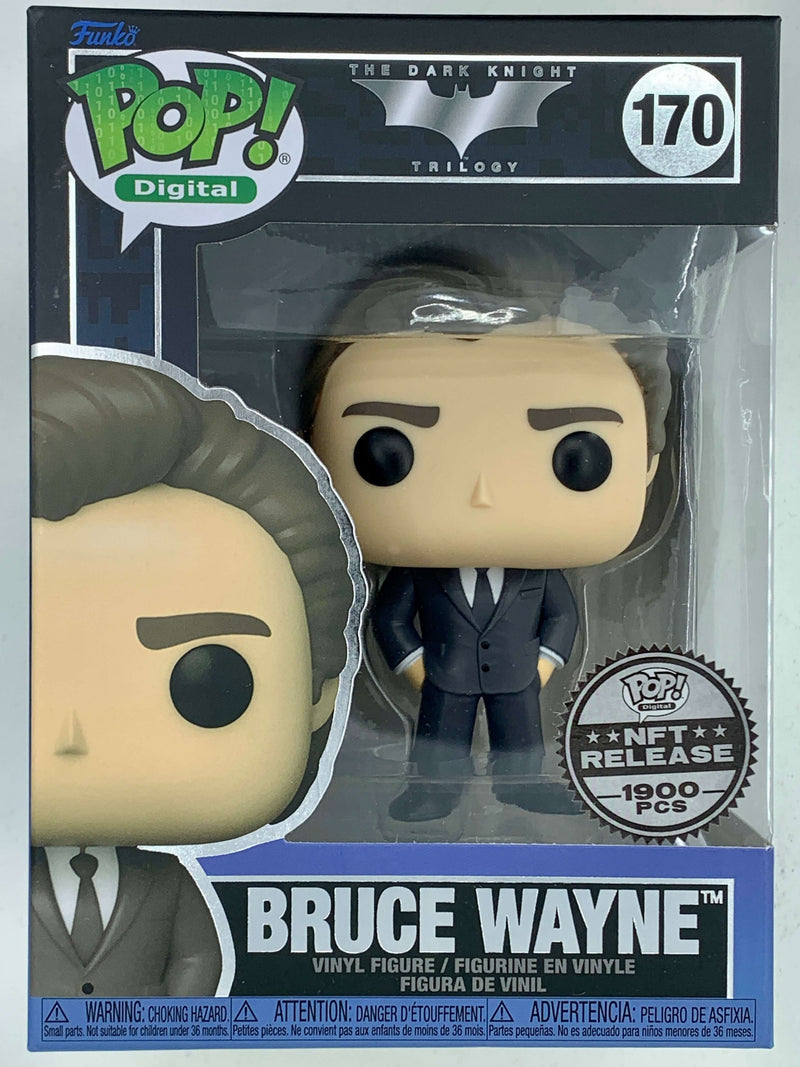Detailed NFT Digital Funko Pop! figurine of Bruce Wayne from The Dark Knight trilogy, featuring the iconic character in his signature suit standing against a dark background.