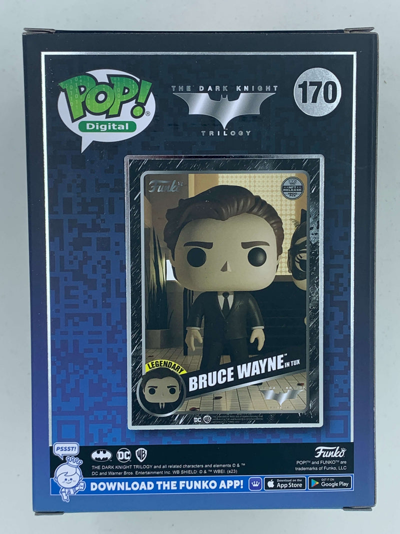 Stylized digital collectible figure of Bruce Wayne from The Dark Knight Trilogy, limited edition of 1900 pieces, featuring the iconic character in Funko Pop! design.