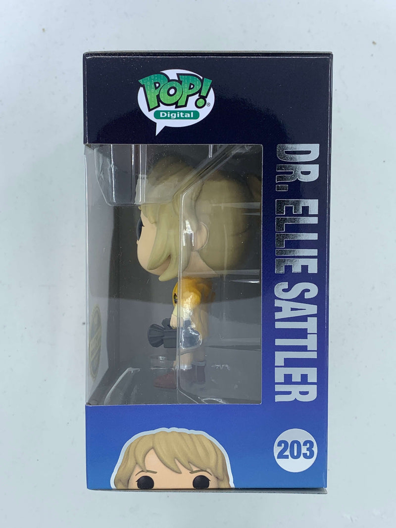 Limited-edition Dr. Ellie Sattler Jurassic Park NFT Digital Funko Pop! figurine, numbered 203 out of 1900 pieces, showcased in its original packaging.