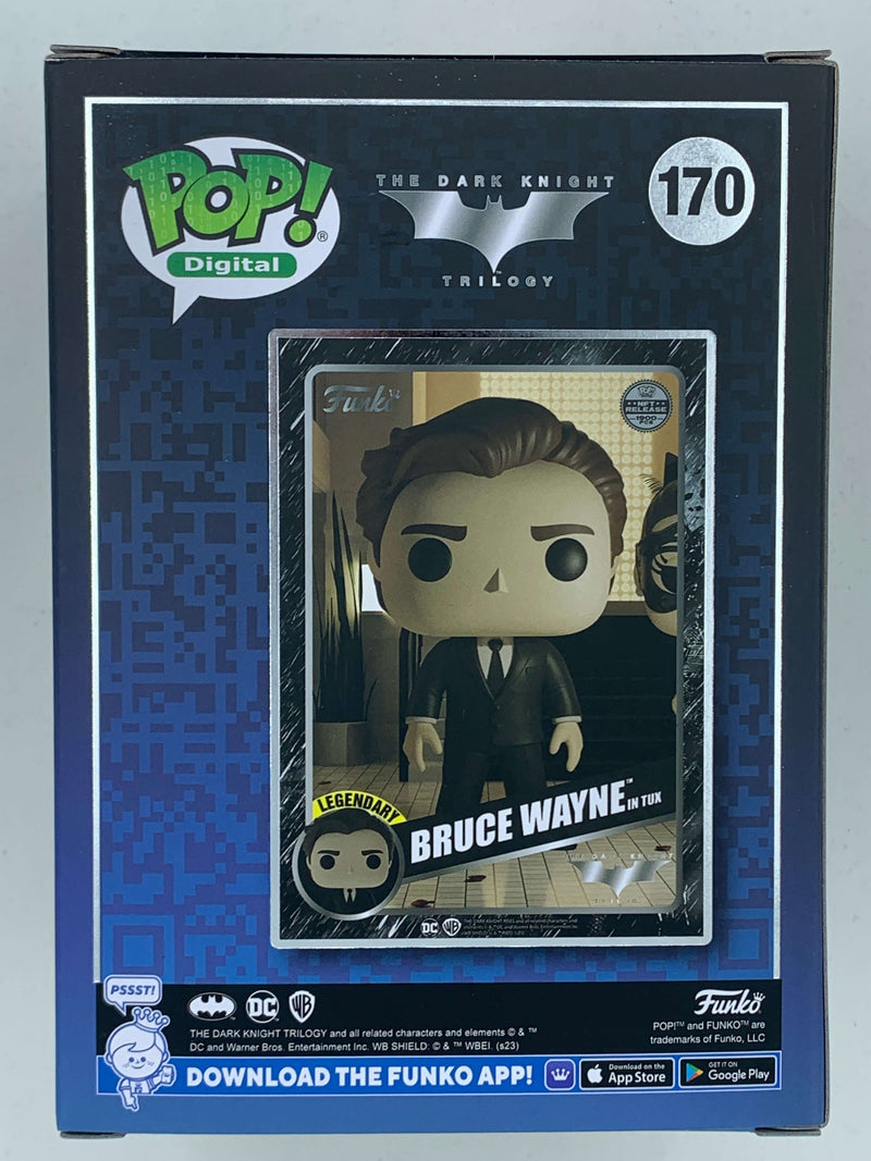 Bruce Wayne The Dark Knight Digital Funko Pop! 170 LE 1900 Pieces. The image shows a limited edition digital Funko Pop figure of the character Bruce Wayne from the Dark Knight Trilogy. The figure is displayed in a protective case against a digital-themed background.
