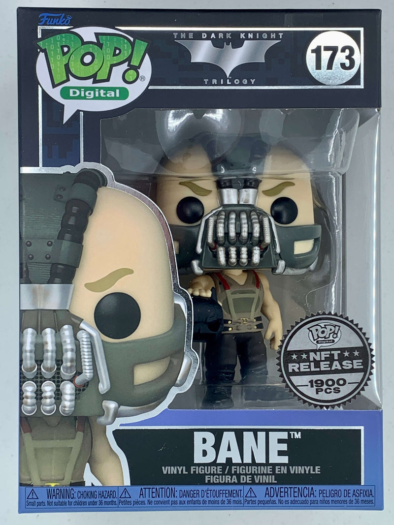 Bane, the menacing villain from The Dark Knight Trilogy, in a limited edition 1900-piece NFT Digital Funko Pop! figurine, showcased in a detailed product package.