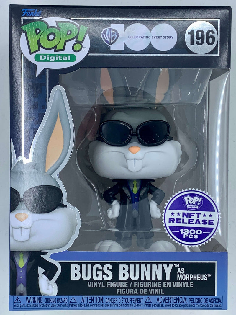 Bugs Bunny as Morpheus Digital Funko Pop! 196 LE 1300 Pieces - A collectible figurine featuring the iconic cartoon character Bugs Bunny dressed as Morpheus, the character from The Matrix. The NFT Digital release adds an exclusive digital element to this limited-edition Funko Pop! toy.